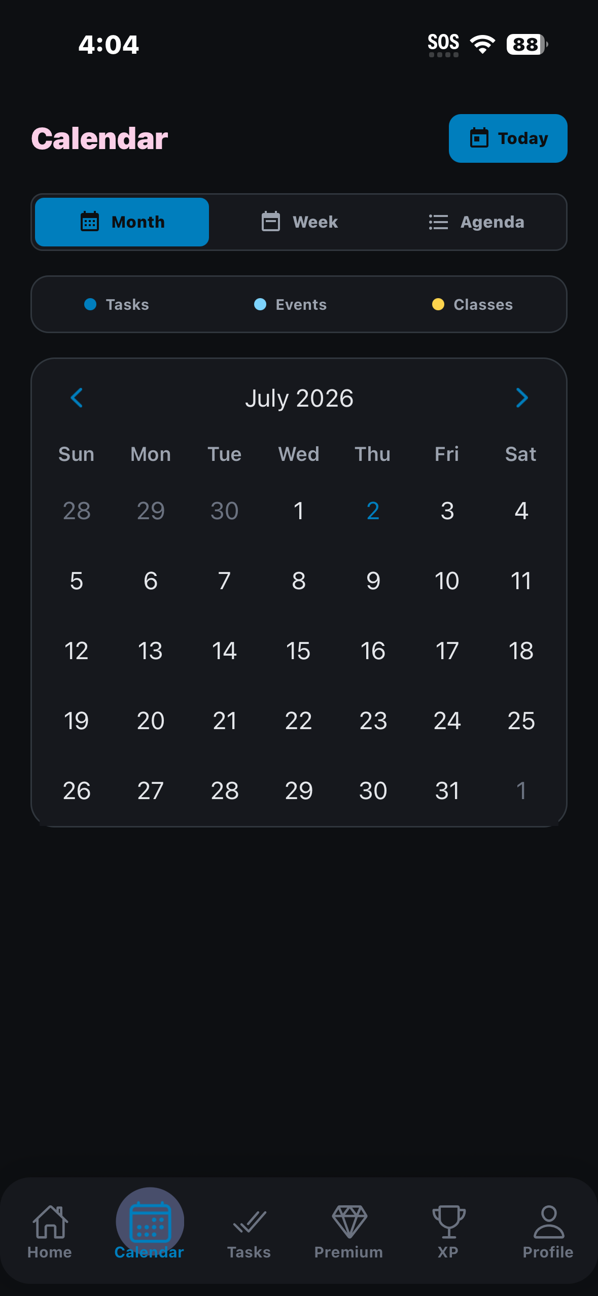 Axio calendar view showing tasks, events, and classes