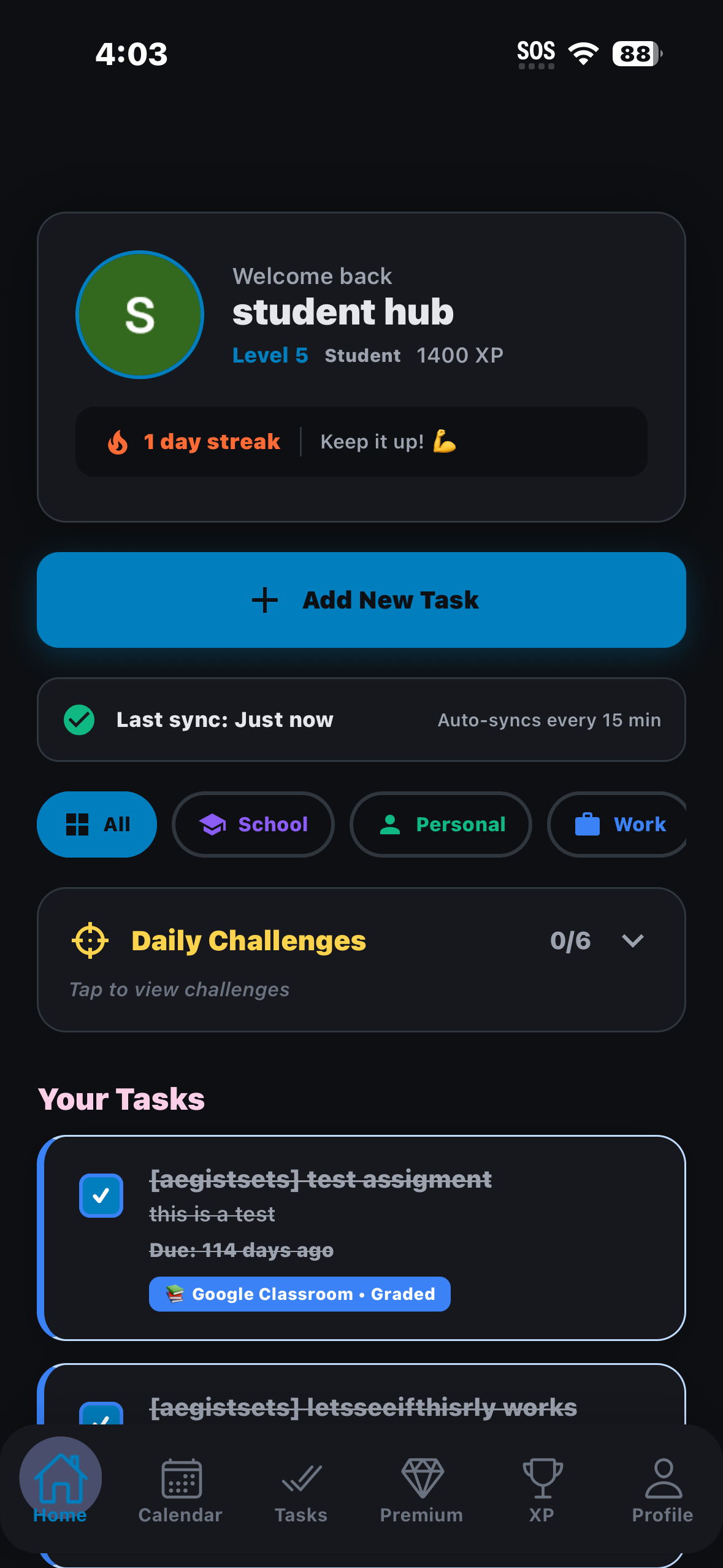 Axio home screen showing today's tasks, streak, and level