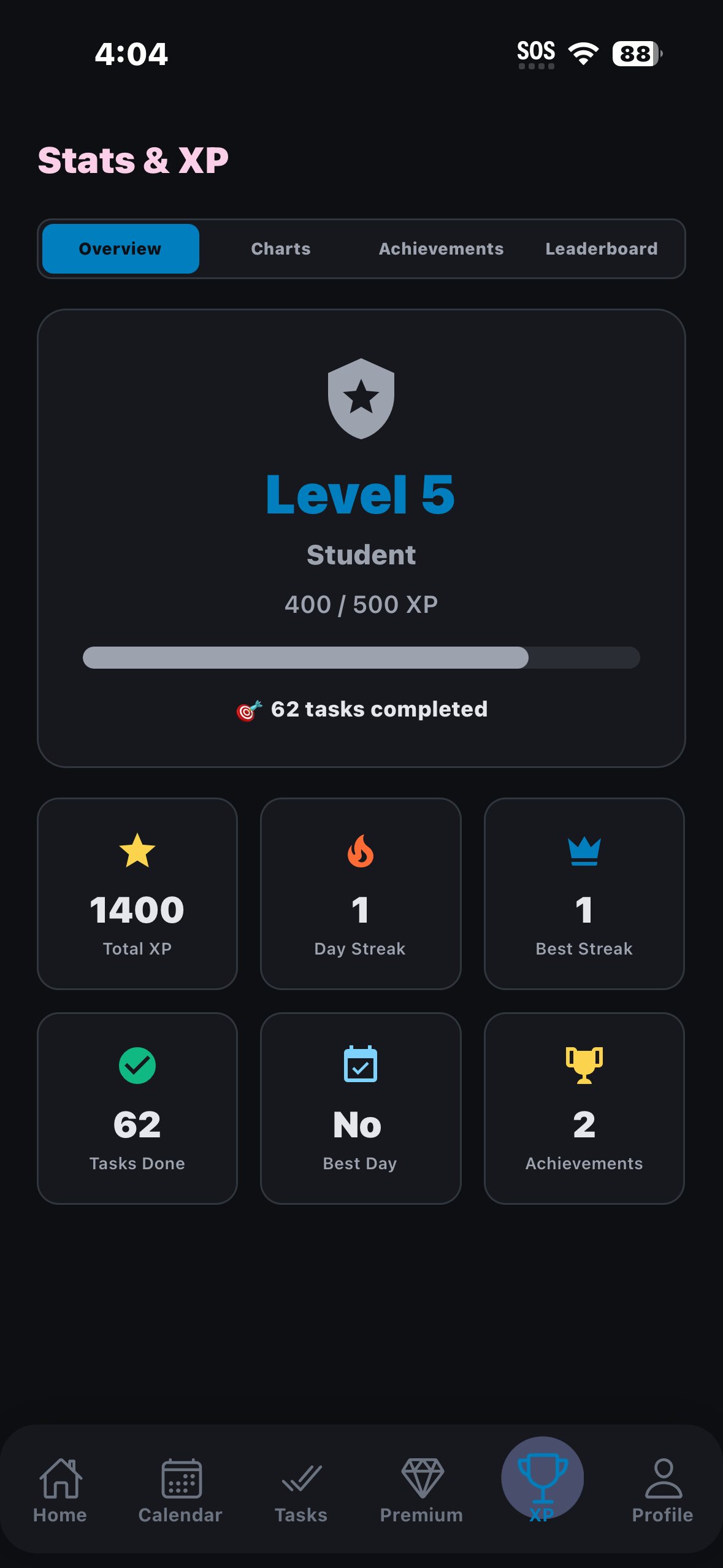 Axio stats screen showing level, XP, and streaks